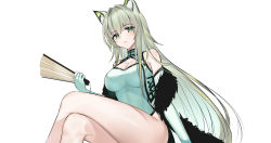 Rule 34 | 1girl, absurdres, animal ear fluff, animal ears, arknights, bare legs, china dress, chinese clothes, commentary, crossed legs, detached sleeves, dress, feet out of frame, green dress, green eyes, green hair, green sleeves, hair intakes, hand fan, highres, holding, holding fan, kal&#039;tsit (arknights), long hair, looking at viewer, simple background, sitting, solo, srpzk, thighs, very long hair, white background