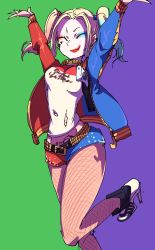 Rule 34 | 1girl, batman (series), blonde hair, blue hair, boots, breasts, colored tips, dc comics, fishnet pantyhose, fishnets, harley quinn, high heel boots, high heels, highres, jacket, long hair, makeup, matching hair/eyes, multicolored hair, pantyhose, rope, short shorts, shorts, solo, suicide squad, twintails