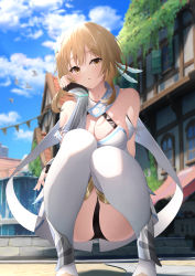 Rule 34 | 1girl, absurdres, bare shoulders, bird, black panties, blonde hair, blue sky, blurry, breasts, building, cheek rest, cleavage, cloud, day, depth of field, dress, ekidona, feather hair ornament, feathers, feet out of frame, fingerless gloves, flower, gauntlets, genshin impact, gloves, hair flower, hair ornament, highres, large breasts, looking at viewer, lumine (genshin impact), outdoors, panties, pantyshot, parted lips, short hair with long locks, sidelocks, sitting, sky, solo, squatting, thighhighs, underwear, white dress, white flower, white thighhighs, yellow eyes