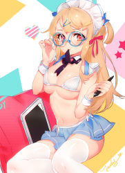 Rule 34 | 1girl, absurdres, bare shoulders, bikini, bikini top only, black ribbon, blonde hair, blue-framed eyewear, blue skirt, breasts, cleavage, closed mouth, collarbone, commentary request, detached collar, drawing tablet, fingernails, glasses, hair ornament, hair ribbon, hairclip, hands up, highres, holding, holding stylus, jiujiuyatou (yayanzz), long hair, looking at viewer, maid headdress, medium breasts, midriff, miniskirt, navel, neck ribbon, original, pillow, pleated skirt, red eyes, ribbon, round eyewear, sidelocks, signature, sitting, skindentation, skirt, solo, stomach, strap gap, stylus, swimsuit, thighhighs, underboob, white bikini, white thighhighs