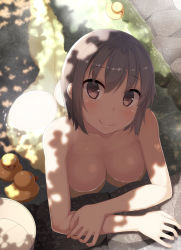 Rule 34 | 1girl, afloat, arm support, artist name, ass, bathing, blush, breasts, brown eyes, bucket, cleavage, closed mouth, collarbone, commentary request, dappled sunlight, day, from above, head tilt, highres, looking at viewer, looking up, lying, medium breasts, nude, on stomach, onsen, original, partially submerged, rock, rubber duck, samegami, shiny skin, short hair, signature, silver hair, smile, solo, sunlight, tareme, toromi (samegami), wooden bucket
