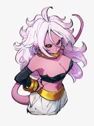 Rule 34 | 1girl, android 21, black sclera, breasts, cleavage, colored sclera, colored skin, dragon ball, dragon ball fighterz, earrings, grey background, hair between eyes, hoop earrings, jewelry, kemachiku, long hair, looking at viewer, majin android 21, medium breasts, pink skin, red eyes, simple background, solo, tail