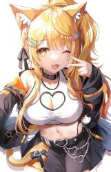 Rule 34 | 1girl, :3, absurdres, ahoge, animal ears, armpit crease, belt, belt collar, blonde hair, blush, breasts, cleavage, cleavage cutout, clothing cutout, collar, crop top, ear piercing, fang, hair ornament, heart, highres, hololive, jacket, large breasts, long hair, looking at viewer, misyune, navel, one eye closed, open clothes, open jacket, open mouth, piercing, ponytail, skin fang, skirt, smile, solo, star (symbol), star hair ornament, v, virtual youtuber, white background, yellow eyes, yozora mel, yozora mel (streetwear)