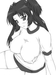 Rule 34 | 00s, 1girl, blush, breast hold, breasts, buruma, clannad, covered erect nipples, greyscale, gym uniform, hair bobbles, hair ornament, huge breasts, ichinose kotomi, monochrome, shichimenchou, solo, thighhighs, two side up