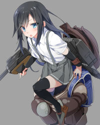 Rule 34 | 10s, 1girl, acguy, arm warmers, asashio (kancolle), backpack, bag, black hair, black thighhighs, blue eyes, blush, cannon, commentary request, highres, kantai collection, long hair, looking at viewer, machinery, mecha, mtu (orewamuzituda), open mouth, pleated skirt, randoseru, robot, school uniform, shirt, skirt, solo, suspenders, thighhighs, turret