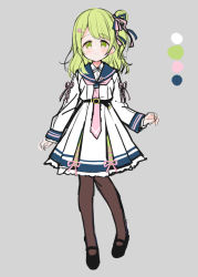 Rule 34 | 1girl, black footwear, blue sailor collar, blush, brown pantyhose, closed mouth, color guide, commentary request, dress, full body, green eyes, green hair, grey background, long hair, long sleeves, looking at viewer, meito (maze), morinaka kazaki, nijisanji, one side up, pantyhose, pink neckwear, pleated dress, sailor collar, sailor dress, shoes, sleeves past wrists, smile, solo, standing, standing on one leg, virtual youtuber, white dress