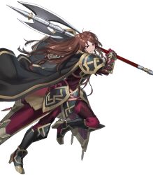 Rule 34 | 1girl, alternate costume, arm guards, armor, armored boots, armored dress, axe, battle axe, boots, breastplate, brown eyes, brown hair, cape, dai-xt, faulds, feather trim, fingerless gloves, fire, fire emblem, fire emblem: mystery of the emblem, fire emblem heroes, gloves, gold trim, high heels, highres, holding, holding weapon, leggings, long hair, long sleeves, nintendo, non-web source, official alternate costume, official art, parted lips, sheena (fire emblem), shoulder armor, solo, standing, transparent background, turtleneck, weapon