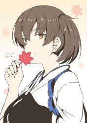 Rule 34 | 1girl, artist name, brown eyes, brown hair, covering own mouth, dated, gradient background, highres, holding, holding leaf, kaga (kancolle), kantai collection, leaf, looking at viewer, one-hour drawing challenge, ponytail, short hair, solo, taira yuuki, upper body