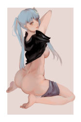 Rule 34 | 1girl, ass, barefoot, black shirt, blue hair, blush, breasts, cc drawing, clothes lift, clothes pull, dimples of venus, from side, hatsune miku, huge ass, lifted by self, long hair, looking at viewer, looking to the side, medium breasts, no panties, orange eyes, parted lips, shirt, shirt lift, short sleeves, shorts, shorts around one leg, shorts pull, smile, solo, t-shirt, twintails, undressing, vocaloid