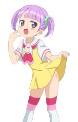 Rule 34 | 1girl, :d, blunt bangs, blush stickers, contrapposto, dress, hair ornament, hair scrunchie, hand up, looking at viewer, manaka non, neckerchief, open mouth, pink neckerchief, pretty series, pripara, purple eyes, sailor dress, scrunchie, short hair, simple background, sincos, smile, solo, standing, thighhighs, twintails, white background, yellow dress