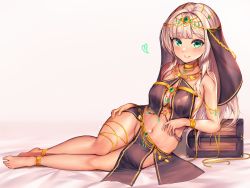 Rule 34 | 1girl, anklet, armlet, bad id, bad pixiv id, barefoot, bed sheet, belly chain, blunt bangs, blush, bracelet, breasts, chain, chain necklace, choker, cleavage, commentary request, dancer, full body, gold chain, gold trim, green eyes, grey hair, groin, hand on own thigh, harem outfit, head chain, heart, highres, jewelry, large breasts, leaning on object, leaning to the side, legs together, long hair, looking at viewer, midriff, naingnaing, navel, neck ring, necklace, original, parted lips, pelvic curtain, revealing clothes, shadow, sidelocks, sitting, smile, solo, treasure chest, veil, white background, yellow choker, yokozuwari
