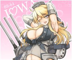 Rule 34 | 10s, 1girl, ;d, armpits, blonde hair, breasts, cannon, character name, cleavage, clothes writing, commentary request, detached sleeves, gradient background, heart, iowa (kancolle), kantai collection, large breasts, long hair, looking at viewer, okutama tarou, one eye closed, open mouth, pink background, revision, smile, solo, star-shaped pupils, star (symbol), symbol-shaped pupils, turret, upper body