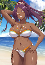Rule 34 | 1girl, :d, absurdres, ao banana, arm up, armpits, beach, bikini, bleach, breasts, cameltoe, dark-skinned female, dark skin, grin, hair ornament, highres, large breasts, long hair, looking at viewer, navel, open mouth, outdoors, palm tree, ponytail, purple hair, sand, shihouin yoruichi, smile, solo, swimsuit, tattoo, teeth, tree, water, white bikini, yellow eyes