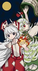 Rule 34 | 2girls, absurdres, arm behind back, back-to-back, baggy pants, blue eyes, bow, collared shirt, commission, cowboy shot, dress, ex-keine, fire, fujiwara no mokou, full moon, green dress, green hair, grey bow, grey shirt, hair bow, hands up, highres, holding, holding scroll, horn bow, horn ornament, horns, kamishirasawa keine, long hair, looking at viewer, moon, multicolored bow, multiple girls, neruzou, night, night sky, non-web source, ofuda, ofuda on clothes, pants, puffy short sleeves, puffy sleeves, pyrokinesis, red bow, red eyes, red pants, scroll, shirt, short sleeves, skeb commission, sky, smile, suspenders, torn clothes, torn sleeves, touhou, very long hair, white hair