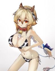 1girl animal_ears animal_print arc_system_works artist_name bare_shoulders bikini blazblue blonde_hair braid braided_ponytail breasts cleavage collarbone cow_ears cow_horns cow_print cow_print_bikini es_(xblaze) female_focus hair_between_eyes hair_ribbon highres horns large_breasts long_hair multicolored_eyes orange_eyes print_bikini red_eyes ribbon solo swimsuit tail thighs white_background xblaze