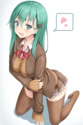 Rule 34 | 10s, 1girl, blush, bow, breasts, brown thighhighs, collarbone, green eyes, green hair, heart, highres, kantai collection, kneeling, large breasts, long hair, looking at viewer, open mouth, red bow, reinama, smile, solo, speech bubble, spoken heart, suzuya (kancolle), thighhighs
