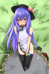 1girl akitsuki_karasu bare_hips bare_shoulders black_thighhighs blue_hair blush camera china_dress chinese_clothes covering_privates covering_crotch dress fang female_focus food from_above fruit hat hiding highres hinanawi_tenshi kaname-ishi long_hair looking_at_viewer no_panties open_mouth peach red_eyes shameimaru_aya side_slit sleeveless solo thighhighs touhou