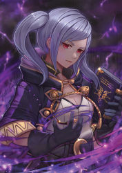 Rule 34 | 1girl, aura, belt, black gloves, book, breasts, cleavage, closed mouth, commentary request, dark aura, fire emblem, fire emblem awakening, fire emblem heroes, gloves, grey hair, grima (fire emblem), holding, holding book, hood, hood down, kaejunni, looking at viewer, medium breasts, nintendo, open clothes, open robe, red eyes, robe, robin (female) (fire emblem), robin (fire emblem), signature, solo, twintails, upper body, wizard