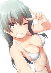 Rule 34 | 1girl, arm up, bare arms, bare shoulders, bikini, breasts, cleavage, collarbone, commentary request, fingernails, green eyes, green hair, grin, hair between eyes, head tilt, kantai collection, large breasts, long hair, looking at viewer, nagami yuu, navel, outstretched arm, reaching, reaching towards viewer, selfie, simple background, smile, solo, standing, suzuya (kancolle), swimsuit, v, very long hair, white background, white bikini