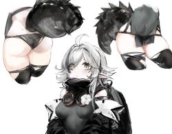Rule 34 | 1girl, ahoge, arknights, ass, backpack, bag, bare shoulders, black dress, black thighhighs, blush, breasts, closed mouth, crocodilian tail, cropped legs, detached sleeves, dress, flower, gnai, goggles, goggles around neck, hair over one eye, highres, large tail, long hair, long sleeves, medium breasts, multiple views, pointy ears, short dress, silver hair, simple background, skindentation, tail, thighhighs, thighs, tomimi (arknights), upper body, white background, white flower, yellow eyes