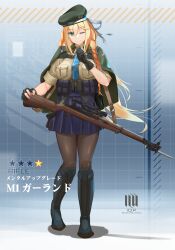 Rule 34 | 1girl, absurdres, american flag, ammunition pouch, asymmetrical gloves, bayonet, beret, black footwear, black gloves, black pantyhose, blonde hair, blue necktie, blue skirt, boots, braid, breast pocket, breasts, brown shirt, capelet, full body, girls&#039; frontline, gloves, green capelet, green eyes, green hat, gun, gun sling, hat, highres, large breasts, long hair, looking at viewer, m1 garand, m1 garand (girls&#039; frontline), miniskirt, mismatched gloves, necktie, one eye closed, pantyhose, partially fingerless gloves, pleated skirt, pocket, pouch, rifle, scope, shirt, short sleeves, shu70077, side braids, skirt, solo, standing, translation request, very long hair, weapon