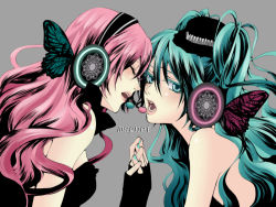 Rule 34 | 2girls, aqua nails, bad id, bad pixiv id, butterfly wings, dress, face-to-face, fingerless gloves, gloves, green eyes, green hair, hat, hatsune miku, headphones, holding hands, insect wings, long hair, magnet (vocaloid), megurine luka, mini hat, mini top hat, multiple girls, nagi kanako, nail polish, open mouth, pink hair, top hat, vocaloid, wings, yuri