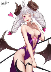 Rule 34 | 1girl, ahoge, artist name, braid, breasts, cleavage, collarbone, demon girl, demon wings, dungeon and fighter, finger to mouth, hair between eyes, heart, heart print, highres, horns, lolita fashion, long braid, long hair, looking at viewer, medium breasts, nyarly the forbidden, open mouth, pointy ears, purple eyes, selcky, silver hair, solo, stomach tattoo, tattoo, thighs, twin braids, whip, white background, wings