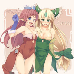 Rule 34 | 2girls, :d, abs, angela (seiken densetsu 3), bare shoulders, blonde hair, blue eyes, blush, bow, breasts, bridal gauntlets, cameltoe, character name, cleavage, covered navel, dress, gloves, green eyes, hair bow, hat, helmet, highres, large breasts, legs, leotard, long hair, low-tied long hair, multiple girls, navel, open mouth, pointy ears, purple hair, pussy, red hair, red leotard, riesz, seiken densetsu, seiken densetsu 3, smile, soine, square enix, strapless, strapless dress, thigh gap, very long hair, winged helmet