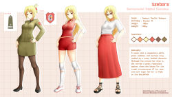 Rule 34 | 1girl, artist name, bare shoulders, black footwear, black neckwear, blonde hair, brown thighhighs, character sheet, closed mouth, collared shirt, color guide, commentary, commission, english commentary, english text, folded ponytail, green jacket, green shirt, green skirt, high heels, highres, jacket, long hair, long sleeves, multiple views, necktie, original, pantyhose, parted bangs, prophosphere, red eyes, red shirt, red shorts, red skirt, sandals, shirt, shoes, short shorts, short sleeves, shorts, skirt, sleeveless, sleeveless shirt, smile, thighhighs, very long hair, white footwear, white shirt, white thighhighs