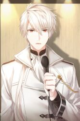 Rule 34 | 1boy, cheritz, high collar, holding, holding microphone, lapels, long hair, long sleeves, lower teeth only, male focus, microphone, official art, open mouth, ponytail, red eyes, solo, susanghan messenger, teeth, third-party source, upper body, white hair, zen (susanghan messenger)