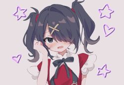 Rule 34 | 1girl, @ @, ame-chan (needy girl overdose), black hair, black ribbon, blush, collared shirt, embarrassed, grey background, hair ornament, hair over one eye, hand up, heart, kabe (zp66104), long hair, looking at viewer, neck ribbon, needy girl overdose, open mouth, red shirt, ribbon, shirt, short sleeves, simple background, solo, star (symbol), twintails, upper body, x hair ornament