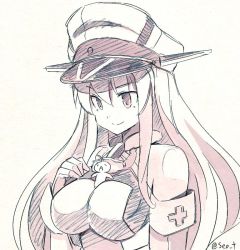 Rule 34 | 10s, 1girl, bare shoulders, between breasts, bismarck (kancolle), breasts, cross, detached sleeves, giant, giantess, gloves, hat, iron cross, kantai collection, large breasts, long hair, long sleeves, military, military uniform, monochrome, peaked cap, person between breasts, seo tatsuya, simple background, smile, solo, twitter username, uniform, upper body, white background
