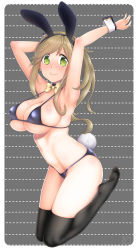 Rule 34 | 1girl, animal ears, armpits, arms up, bikini, black bikini, black thighhighs, blush, breasts, brown hair, closed mouth, covered erect nipples, detached collar, fake animal ears, fang, full body, green eyes, highres, inuyama aoi, large breasts, lips, long hair, looking at viewer, micro bikini, navel, no shoes, osafune kairi, rabbit ears, rabbit tail, side ponytail, skin fang, smile, solo, sweat, swimsuit, tail, thick eyebrows, thighhighs, wrist cuffs, yellow neckwear, yurucamp