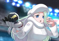 Rule 34 | 1girl, :o, blue eyes, blue nails, blurry, blurry background, creatures (company), game freak, gloves, grey hair, gym leader, hat, highres, holding, holding poke ball, long hair, long sleeves, looking at viewer, melony (pokemon), nail polish, nintendo, poke ball, pokemon, pokemon swsh, single glove, sinohira rin, solo, tareme, thick eyebrows, ultra ball, upper body, white hat, wristband