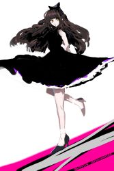 Rule 34 | 1girl, arms behind back, bare shoulders, black hair, blake belladonna, blue clover, bow, dated, dress, from side, hair bow, high heels, highres, leg up, long hair, looking at viewer, looking to the side, rwby, simple background, sleeveless, sleeveless dress, solo, standing, standing on one leg, white background, yellow eyes