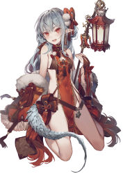 Rule 34 | 1girl, :d, absurdres, bare shoulders, bikini, black bikini, breasts, china dress, chinese clothes, cleavage cutout, clothing cutout, coat, covered navel, dress, fur trim, grey hair, hair ornament, highres, kaerunoko, lantern, long hair, looking at viewer, no panties, off shoulder, open mouth, original, pointy ears, red coat, red dress, red eyes, revealing clothes, seiza, sharp teeth, sideless outfit, sidelocks, simple background, sitting, sleeveless, sleeveless dress, small breasts, smile, solo, string bikini, swimsuit, tail, teeth, thighs, white background