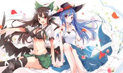 Rule 34 | 2girls, :d, adapted costume, ahoge, arm support, bare arms, bare shoulders, between breasts, black bra, black hat, black legwear, black wings, blue hair, blue skirt, blush, bow, bra, breasts, brown hair, camisole, cleavage, collarbone, collared shirt, crossed legs, finger to mouth, food, frilled skirt, frilled sleeves, frills, front-tie top, fruit, green bow, green skirt, hair bow, hand grab, hat, hat ornament, heart, hinanawi tenshi, long hair, long skirt, looking at viewer, low wings, medium breasts, multiple girls, navel, open clothes, open mouth, open shirt, outstretched arm, peach, petals, pink eyes, pleated skirt, puffy short sleeves, puffy sleeves, red eyes, reiuji utsuho, shin guards, shirt, short sleeves, simple background, skirt, sleeveless, smile, spaghetti strap, stomach, taut clothes, taut shirt, tetsurou (fe+), thighhighs, third eye, touhou, underwear, very long hair, white background, white shirt, wing collar, wings