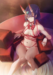 Rule 34 | 1girl, breasts, collarbone, cup, fate/grand order, fate (series), headpiece, highres, horns, naked ribbon, navel, oni, pointy ears, purple eyes, purple hair, red ribbon, ribbon, sakazuki, short hair, shuten douji (fate), shuten douji (fate/grand order), shuten douji (halloween caster) (fate), sitting, skin-covered horns, skindentation, small breasts, smile, solo, twintails, valentine, yamakou (yamakou e2)
