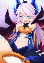 Rule 34 | + +, bad id, bad pixiv id, bare shoulders, blue eyes, cape, center opening, crown, diabla (elsword), elbow gloves, elsword, fang, gloves, horns, jack-o&#039;-lantern, long hair, luciela r. sourcream, mini crown, navel, open mouth, pointy ears, pumpkin, purple hair, smile, solo, striped clothes, striped gloves, suggestive fluid, tail, waero