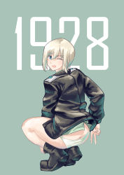 Rule 34 | 1girl, absurdres, ass, bare legs, blonde hair, blue eyes, boots, butt crack, erica hartmann, highres, looking at viewer, looking back, military, military uniform, no pants, one eye closed, panties, pondo (peng-model), short hair, simple background, solo, squatting, strike witches, underwear, uniform, v, white panties, world witches series