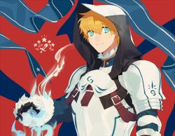 Rule 34 | 10r (tulipano), 1boy, armor, arthur pendragon (fate), bad id, bad twitter id, banner, blonde hair, blue eyes, fate/prototype, fate (series), gauntlets, hood, looking at viewer, male focus, red background, simple background, smile, solo, upper body