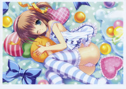 Rule 34 | 1girl, ;o, absurdres, ass, babydoll, blue thighhighs, brown hair, frilled pillow, frills, green eyes, heart, heart-shaped pillow, highres, legs, mikeou, one eye closed, panties, pillow, ribbon, striped clothes, striped panties, striped thighhighs, thighhighs, two side up, underwear, wink
