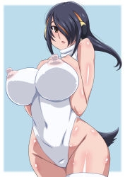 Rule 34 | 1girl, alternate breast size, animal costume, animal ears, bird tail, black eyes, black hair, blue background, border, breasts, covered navel, curvy, emperor penguin (kemono friends), hair over one eye, hand on own chest, headphones, highleg, highleg leotard, highres, kemono friends, large breasts, leotard, light blush, long hair, looking at viewer, nipples, open clothes, shiny skin, simple background, solo, tail, thick thighs, thighhighs, thighs, white border, white leotard, white thighhighs, wide hips, yukimaru (gojo)