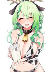 Rule 34 | 1girl, alternate costume, animal ears, animal print, antlers, bell, bikini, black collar, blue nails, blush, braid, breasts, ceres fauna, cleavage, closed eyes, collar, commentary, cow ears, cow horns, cow print, cow print bikini, cow print gloves, cowbell, cowboy shot, crossed bangs, cup, elbow gloves, english commentary, fake animal ears, fake horns, fingerless gloves, flower, french braid, furrowed brow, gloves, green hair, hair between eyes, hair flower, hair ornament, highres, holding, holding cup, hololive, hololive english, horns, large breasts, long hair, looking at viewer, milk, mole, mole under eye, multicolored hair, nail polish, navel, neck bell, nervous smile, open mouth, print bikini, print gloves, simple background, single braid, skindentation, smile, solo, standing, streaked hair, sweat, swimsuit, two-tone hair, virtual youtuber, wavy hair, white background, yamaki (yamaki801)