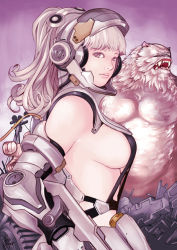 Rule 34 | 1girl, armor, bad id, bad pixiv id, breasts, elbow gloves, gloves, gun, high ponytail, kusagami style, large breasts, lips, long hair, original, power armor, purple eyes, sideboob, solo focus, weapon, white hair