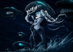 Rule 34 | 10s, 1girl, abyssal ship, blue eyes, blue hair, bodysuit, groin, highres, i-class destroyer, kantai collection, matching hair/eyes, navel, sea spray, solo, tentacles, tie (yutie1990), water, wo-class aircraft carrier