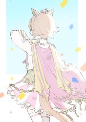 Rule 34 | 1girl, absurdres, animal ears, arm up, cape, capelet, confetti, crown, ear piercing, from behind, highres, holding, holding cape, holding clothes, horse ears, horse girl, horse tail, kaiware (user kamu3357), mini crown, orange hair, pale color, piercing, shirt, short hair, skirt, solo, t.m. opera o (umamusume), tail, thighhighs, umamusume, white shirt, white thighhighs