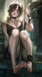 Rule 34 | 1girl, absurdres, barefoot, black choker, black hair, breasts, candle wax, choker, covered eyes, demon&#039;s souls, feet, foreshortening, highres, holding, holding staff, jewelry, lips, maiden in black, necklace, nose, pink lips, ragecndy, sitting, sitting on stairs, soles, staff, stairs