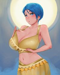 Rule 34 | 1girl, absurdres, arched back, armpit crease, artist name, bare shoulders, blue eyes, blue hair, blush, bra, breast hold, breasts, bulma, cleavage, collarbone, commentary, cowboy shot, curvy, dragon ball, dragon ball super, earrings, english commentary, highres, huge breasts, jewelry, looking at viewer, midriff, navel, open mouth, short hair, skindentation, skirt, solo, standing, underwear, yamisouls, yellow bra, yellow skirt