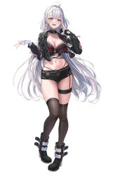 Rule 34 | 1girl, absurdres, ahoge, asymmetrical gloves, black choker, black footwear, black gloves, black jacket, black panties, black shorts, black thighhighs, blue eyes, boots, breasts, bridal garter, choker, cleavage, commentary, crop top, cropped jacket, earrings, ember amane, english commentary, fingerless gloves, full body, garter straps, gloves, grey hair, heart, heart choker, highres, jacket, jewelry, lace, lace-trimmed panties, lace trim, large breasts, long hair, long sleeves, looking at viewer, mask, mask pull, mismatched gloves, mole, mole on breast, mole on thigh, mouth mask, multicolored hair, navel, official art, open clothes, open mouth, open shorts, panties, phase connect, pink hair, refla, safety pin, short shorts, shorts, simple background, single earring, smile, solo, standing, streaked hair, teeth, thighhighs, underwear, upper teeth only, very long hair, virtual youtuber, white background, white gloves